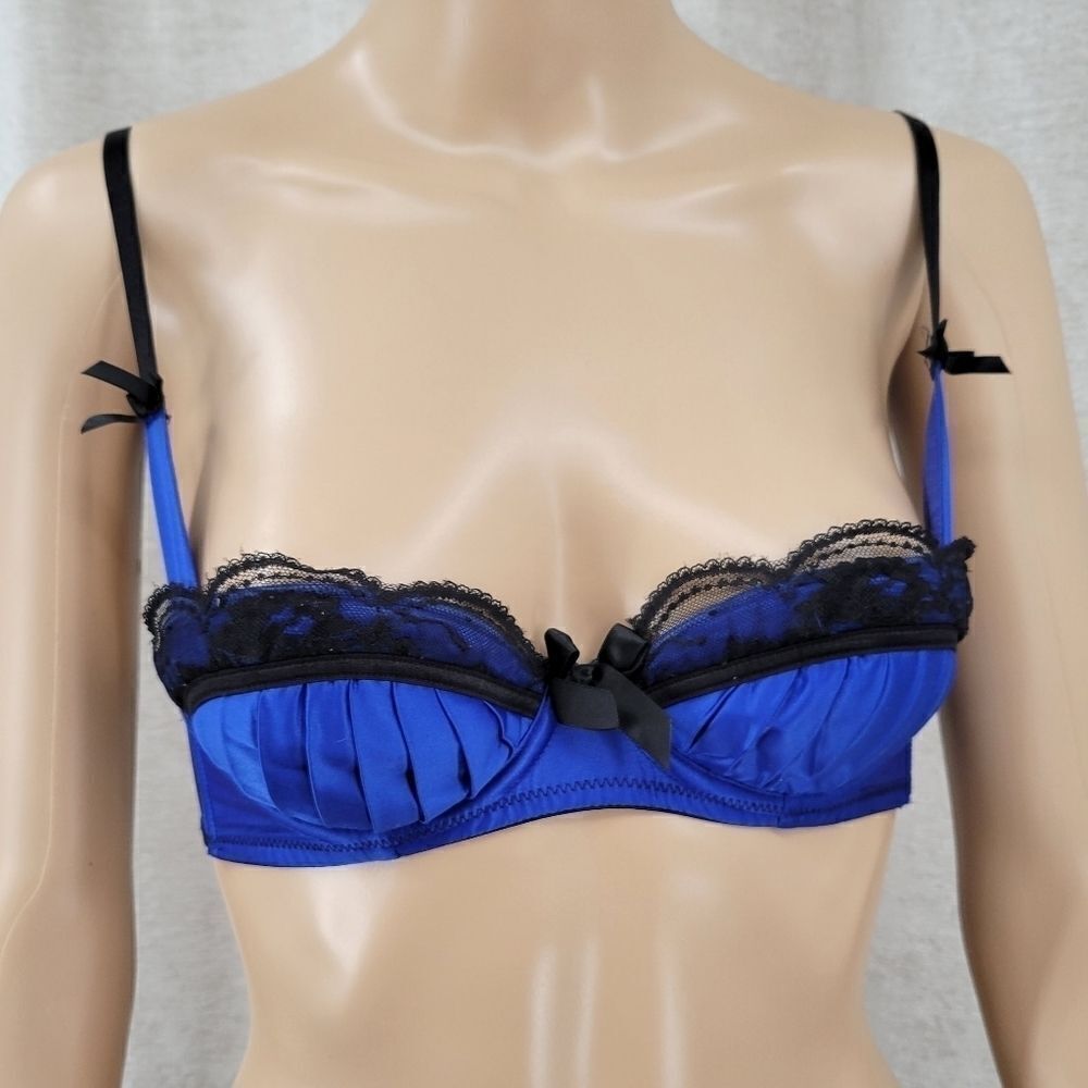 LA Senza Blue Satin and Black Lace Underwire Bra EU 70B